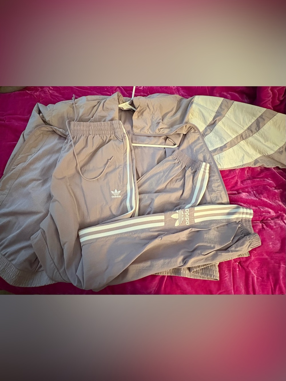 VTG adidas Women's Tracksuit Set in Lilac with White Stripes.